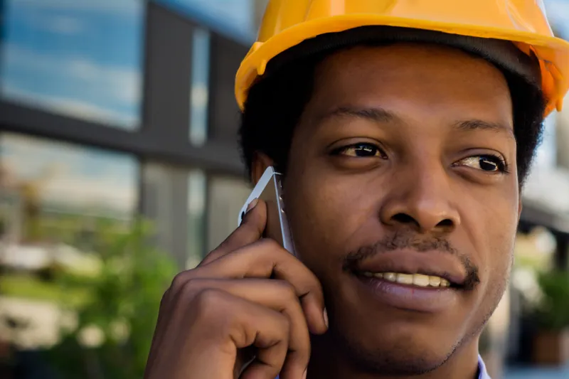 Mining contractor foreman taking a site call beside working plant